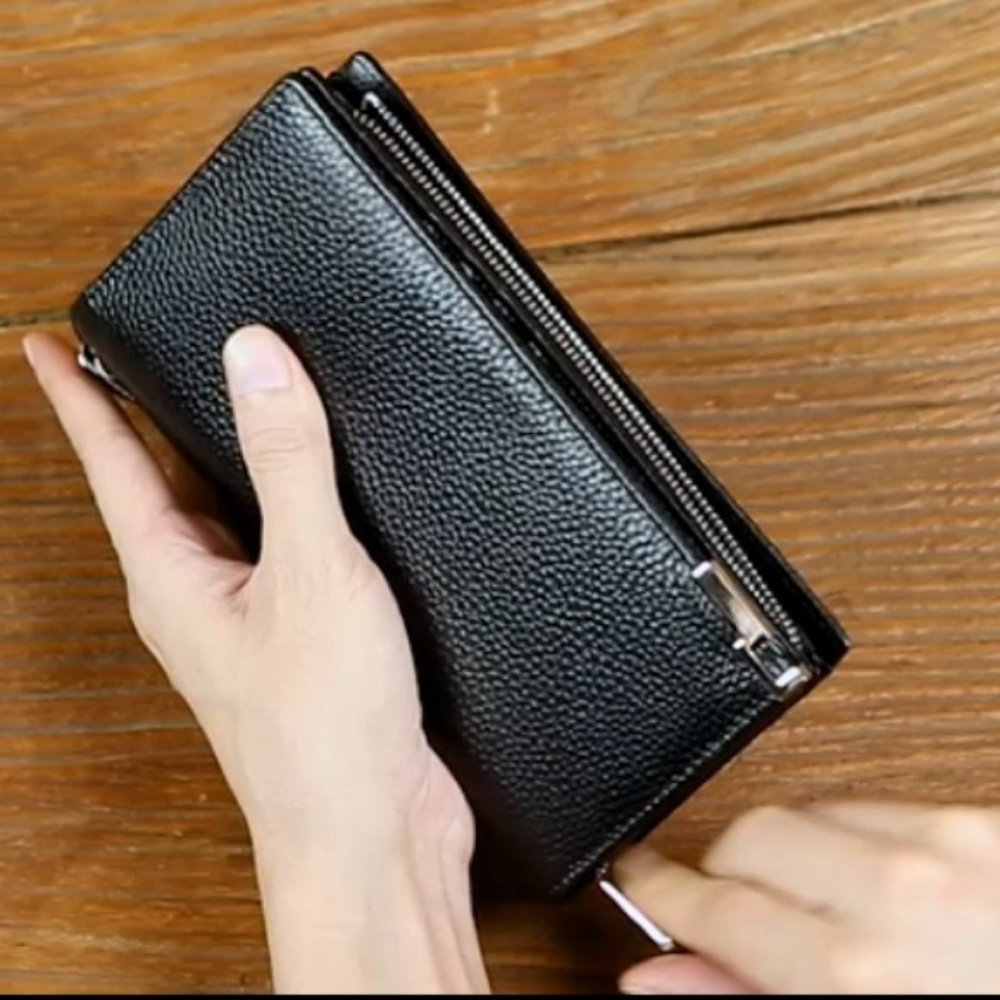 New Long Black Leather Wallet for Men Zippered Leather Wallet RFID